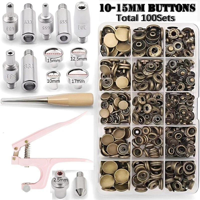 100 sets of bronze snap fasteners + pink pliers + 14 molds 100 sets of bronze snap fasteners + pink pliers + 14 molds